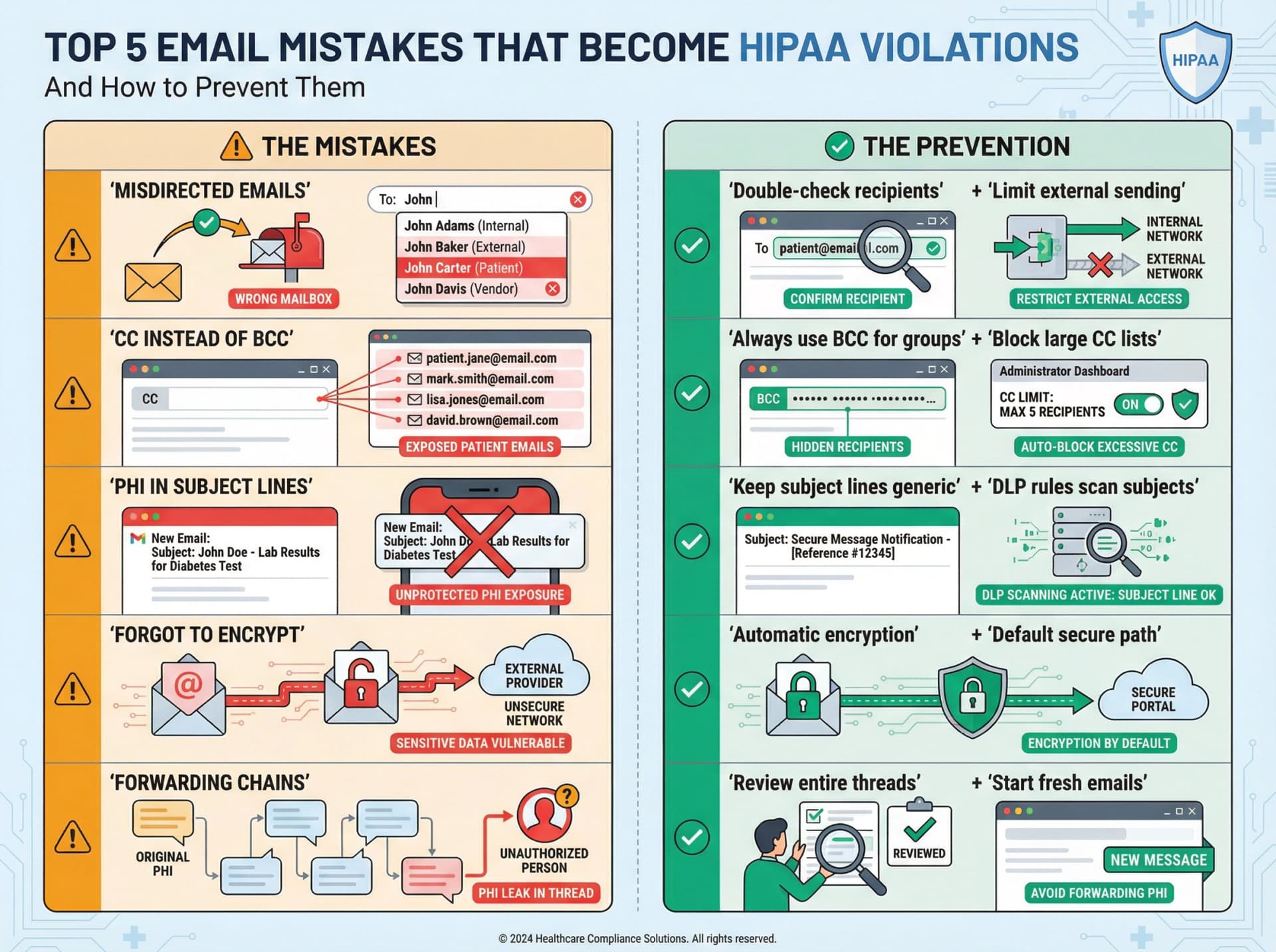 Five most common email mistakes that lead to HIPAA violations: autocomplete errors, CC vs BCC, PHI in subject lines, unencrypted sends, and forwarding chains