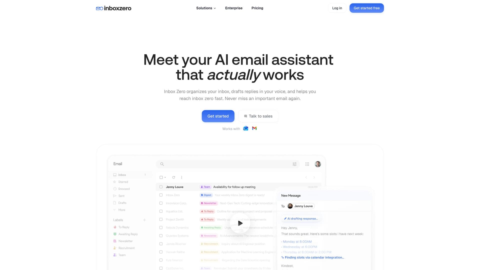 Inbox Zero AI email assistant homepage showing automation features and clean dashboard interface